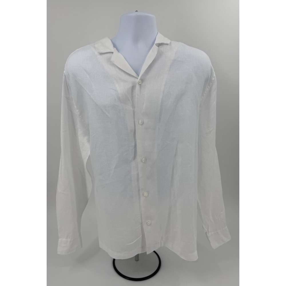 H&M Premium White Linen Resort Collar Button Up Long Sleeve Men's XL